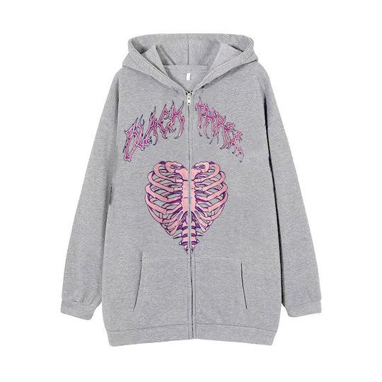 Damen nan Kapuzenjacke mit durchgehendem Reißverschluss und Rippenherz-Print EB