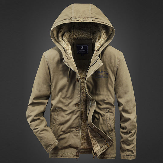 Herren Kapuzen-Canvasjacke mit durchgehendem Teddyfutter und verdeckter Druckknopfleiste EB