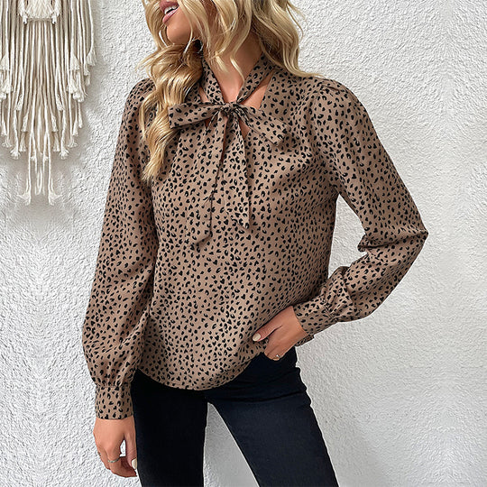 Damen Bluse mit Schleifen-Ausschnitt und Leopardenmuster EB