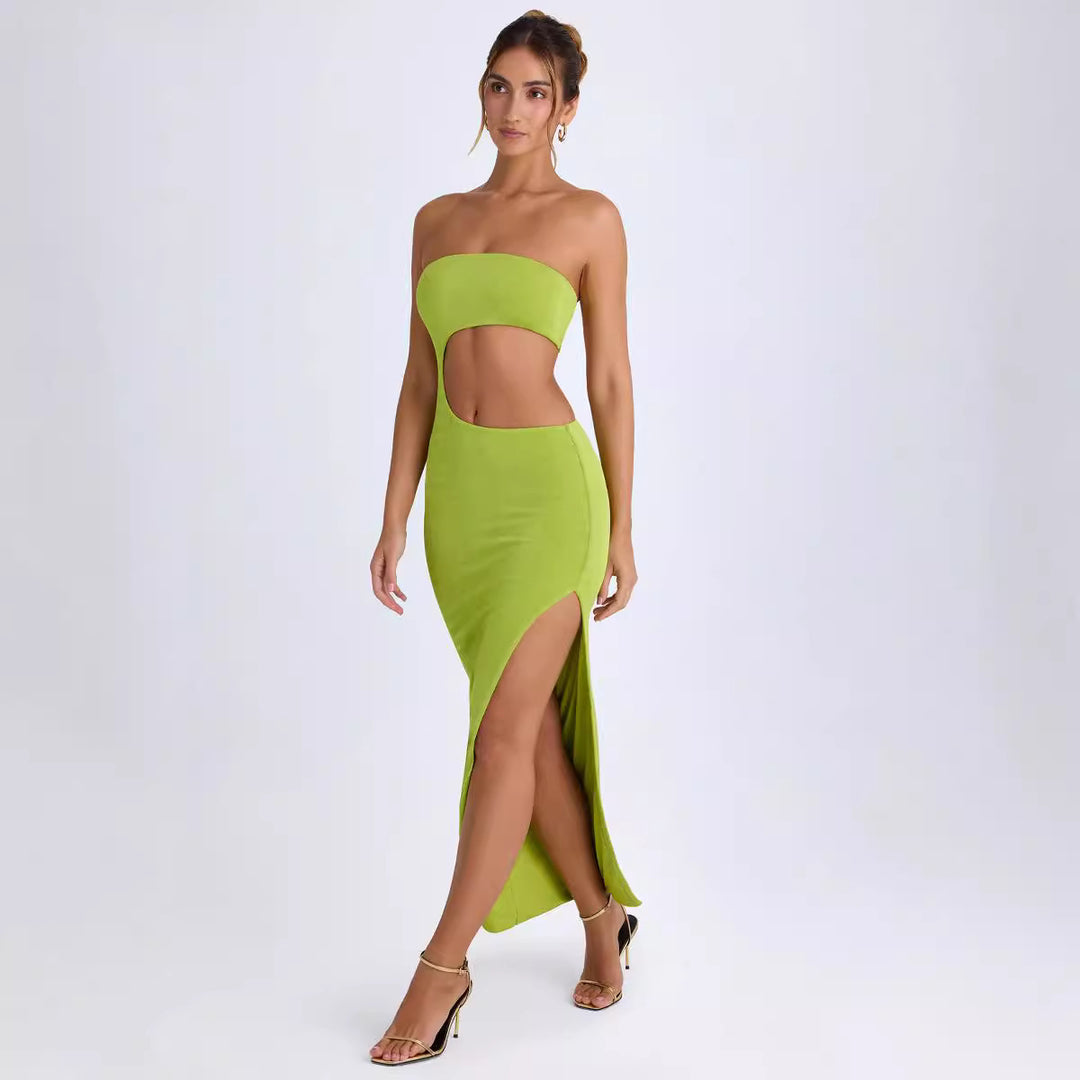 Damen Elegantes Cut-Out Maxikleid mit Schulterfreiem Design und Hohem Schlitz EB
