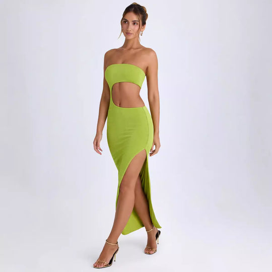 Damen Elegantes Cut-Out Maxikleid mit Schulterfreiem Design und Hohem Schlitz EB