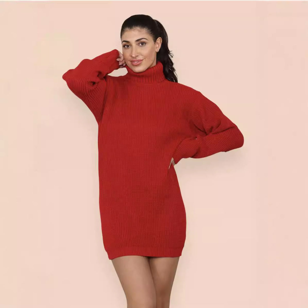 Damen Strickkleid im Oversized-Stil mit hohem Kragen und dekorativem Rippdesign EB
