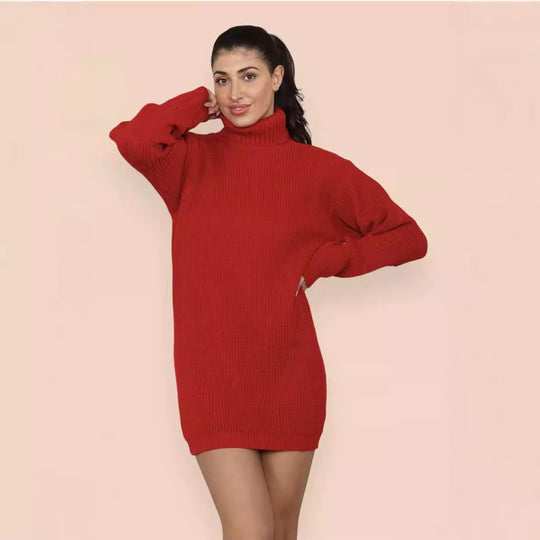 Damen Strickkleid im Oversized-Stil mit hohem Kragen und dekorativem Rippdesign EB