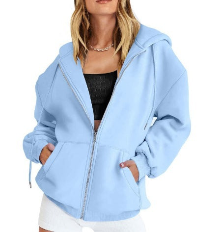 Damen nan oversized Zip-Kapuzenjacke mit kontrastierendem Reißverschluss, doppellagiger Kapuze und Kängurutasche EB