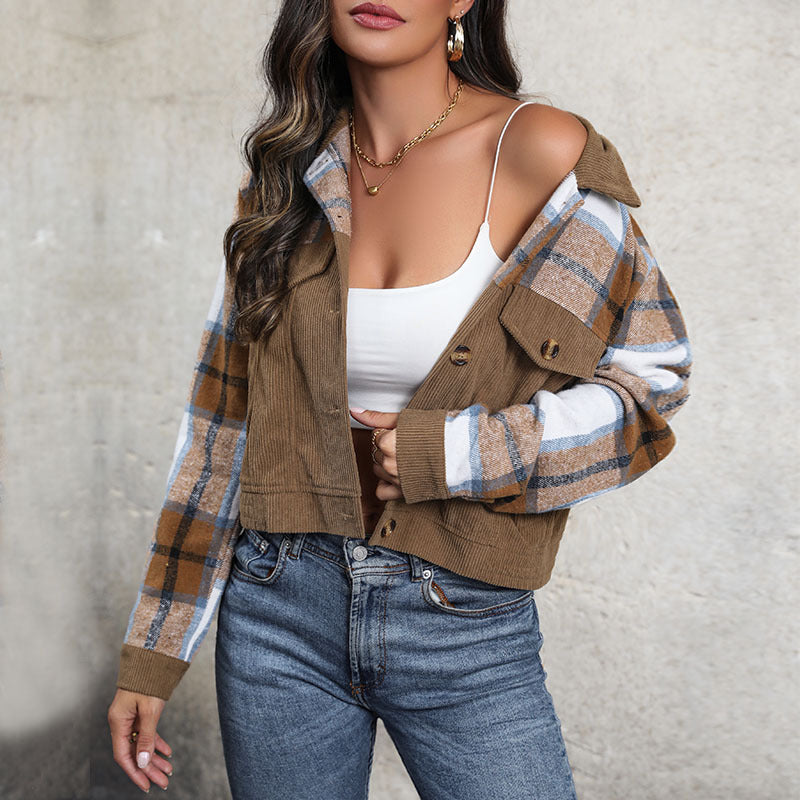 Damen Karo-Cordjacke im lässigen Cropped-Stil mit Brusttaschen EB