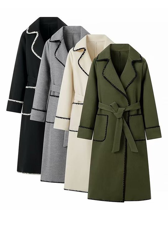 Damen eleganter Longcoat mit Bindegürtel und kontrastierenden Paspeln EB