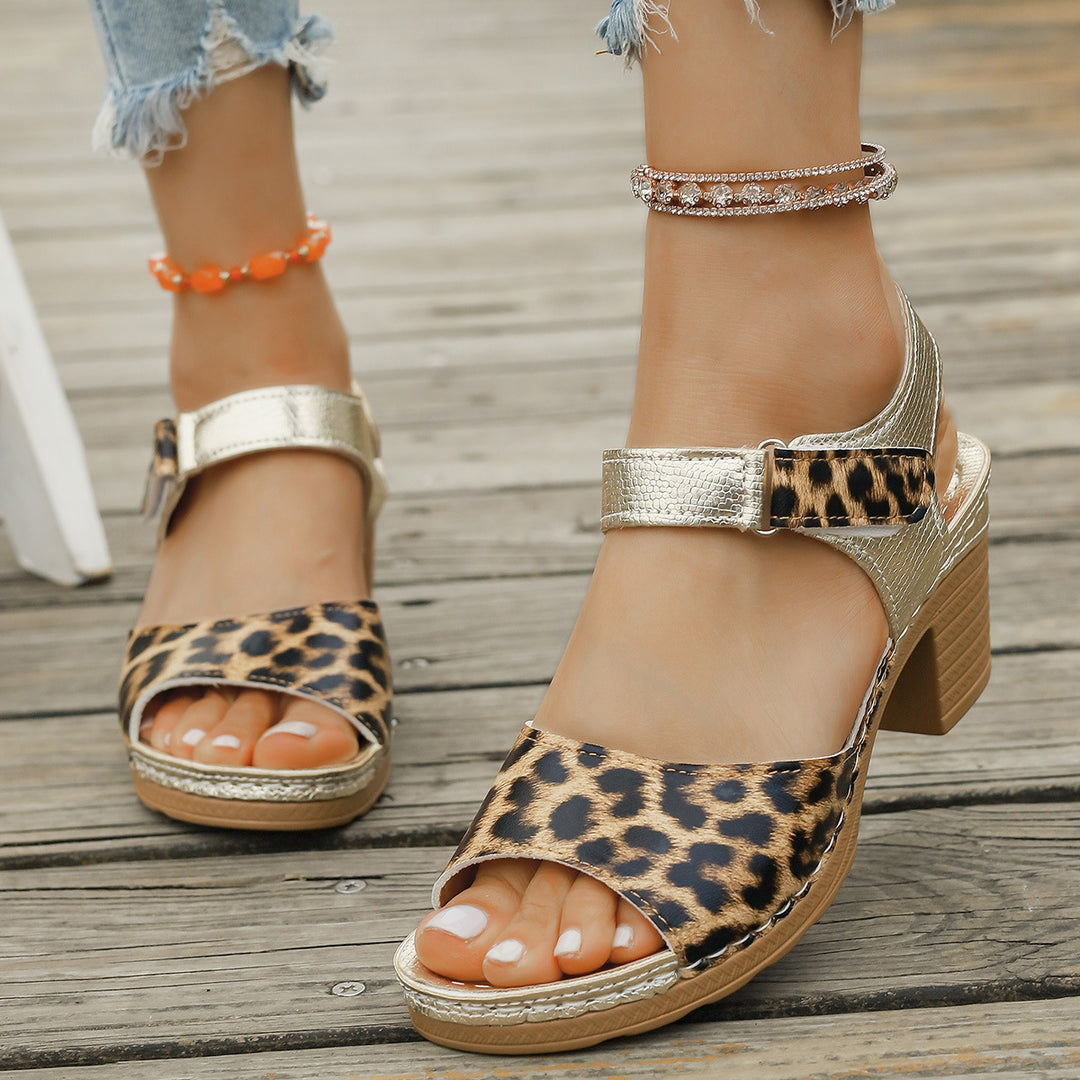 Damen Blockabsatz-Sandalen mit modischem Leopardenmuster und verstellbarem Riemen EB