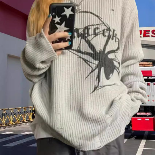 Damen Oversized Strickpullover mit auffälligem Spinnenmuster EB