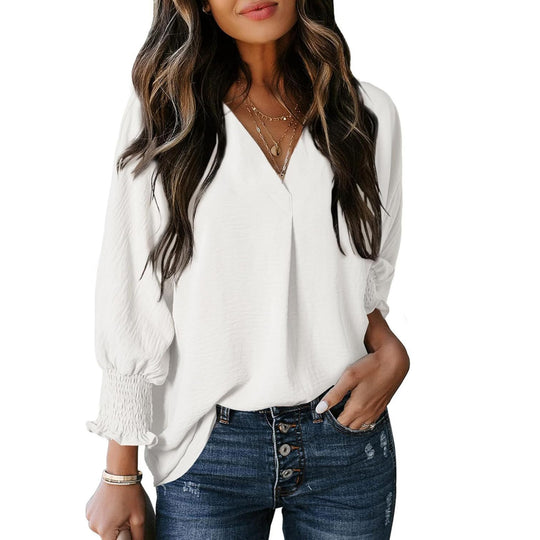 Damen V-Ausschnitt Bluse mit lässigen Ballonärmeln und Rüschendetails EB