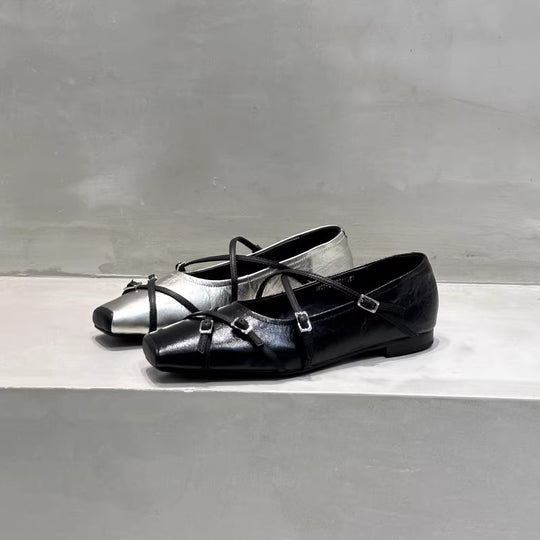 Damen elegante Ballerinas mit modischen Riemchen und exquisite Schnallenverzierung EB