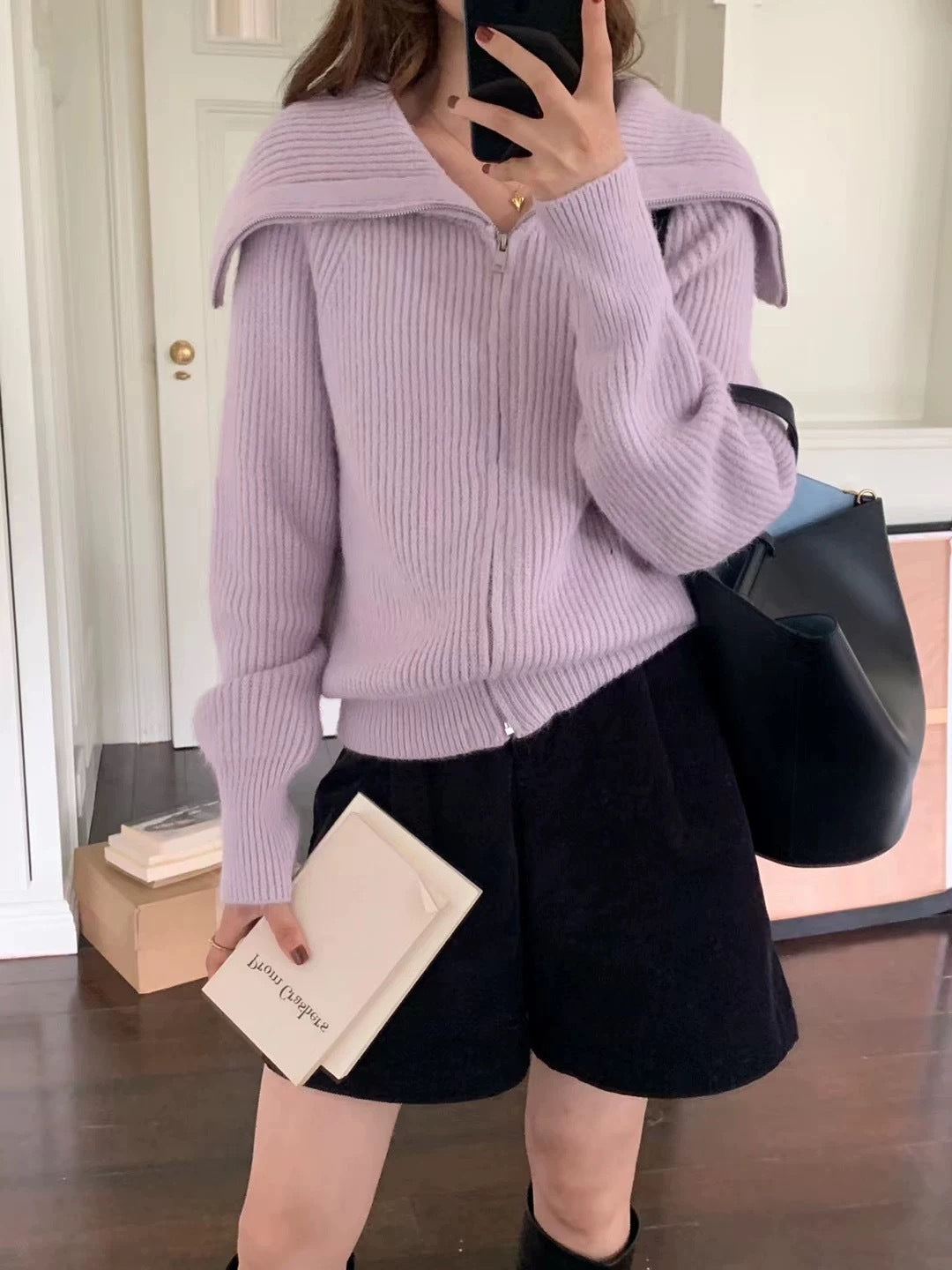 Damen Modischer Oversized-Pullover mit Kragen und Reißverschluss EB