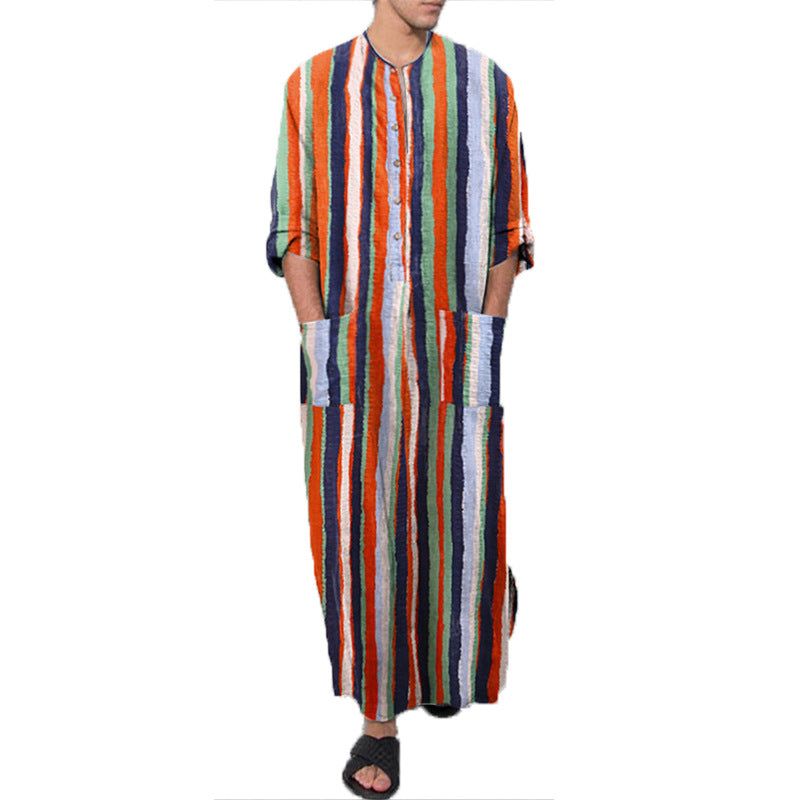 Herren nan bodenlanger gestreifter Leinenmix Kaftan mit Stehkragen und aufgesetzten Hüfttaschen EB