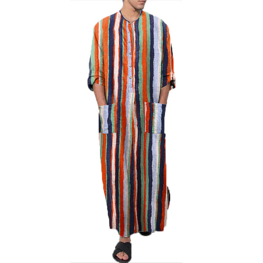Herren nan bodenlanger gestreifter Leinenmix Kaftan mit Stehkragen und aufgesetzten Hüfttaschen EB