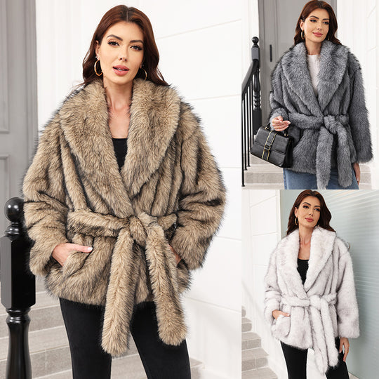 Damen Eleganter Kunstpelzmantel mit Gürtel und breitem Revers EB