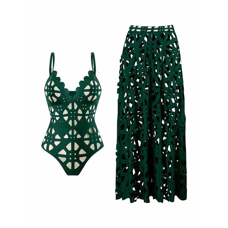 Damen Einteiler Badeanzug mit stilvollem Ausschnitt und passendem Maxirock EB