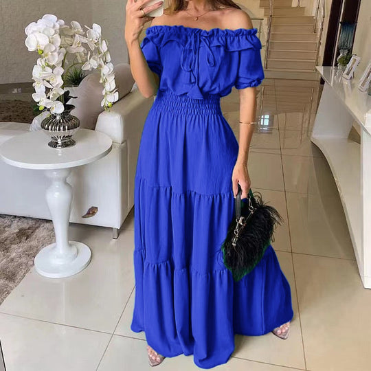 Damen Maxikleid mit Schulterfreiem Design und Voluminösen Rüschen EB