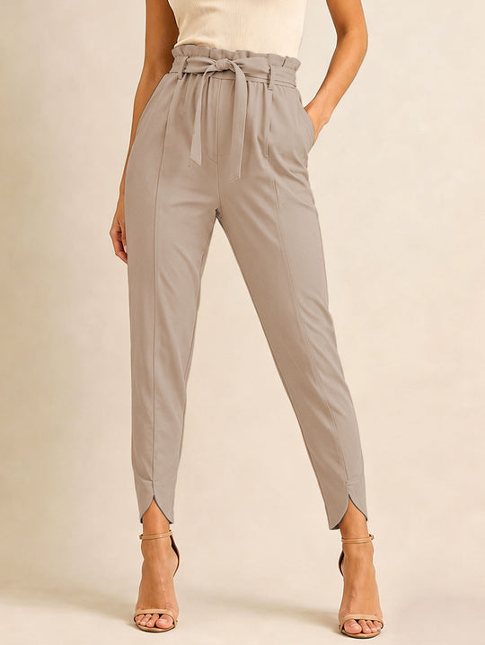 Damen nan hoch taillierte Paperbag-Hose mit Bindegürtel und geschlitztem Knöchelabschluss EB