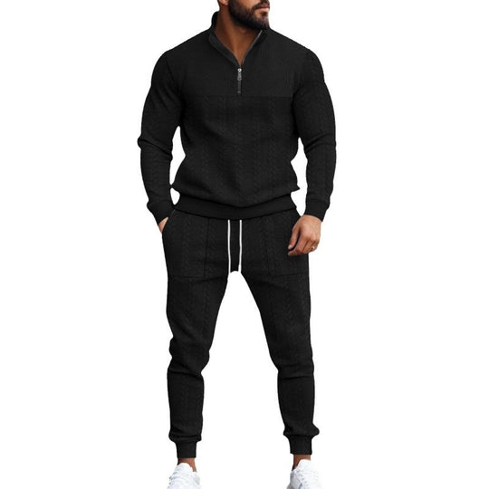 Herren nan Strick-Trainingsset mit halbem Reißverschluss, Zopfmuster-Pulli und Kordelzug-Jogger EB