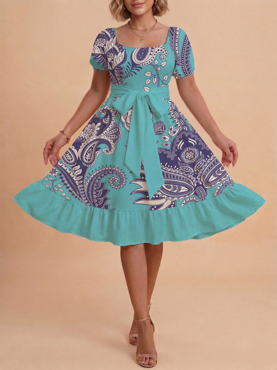 Damen elegantes Maxikleid mit floralem Design und Taillengürtel EB