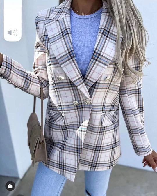 Damen elegante Blazerjacke im karierten Design mit Doppeltasten EB