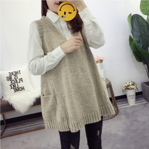 Damen V-Ausschnitt Stricktop mit seitlichen Taschen EB