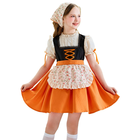 Damen nan traditionelles Kinderdirndl mit Schnürung, Rüschenschürze und Kopftuch EB