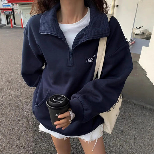 Damen nan oversized Halbzip-Sweatshirt mit hohem Stehkragen, Kängurutasche und lässigem Oversize-Schnitt EB