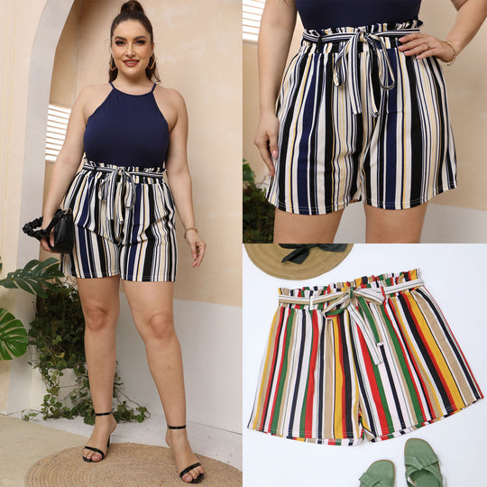 Damen gestreifte Sommer-Shorts mit elastischem Bund und Taillenknotenschnur EB