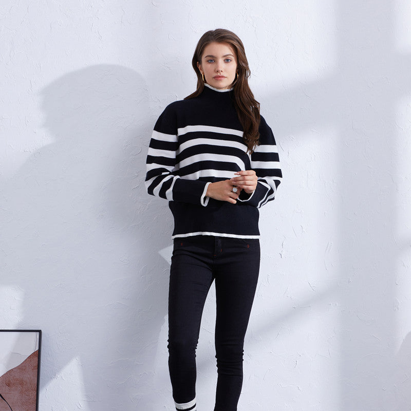 Damen hochwertiger gestreifter Pullover mit Stehkragen EB