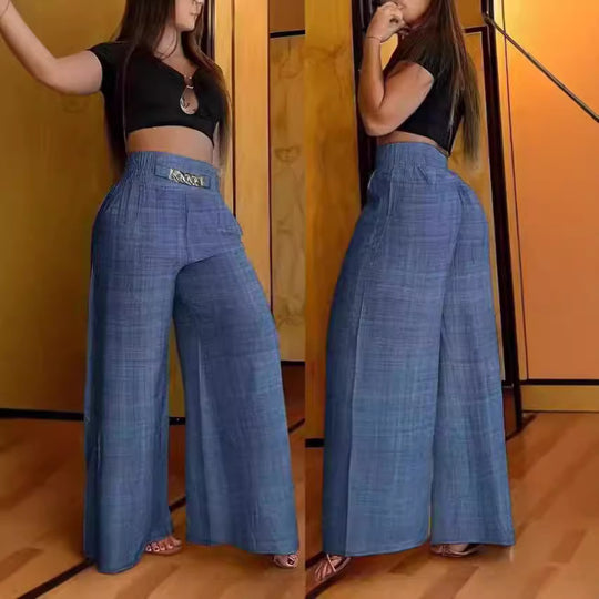 Damen Hochtaillierte Palazzo-Hose mit elastischem Bund und weiten Beine EB