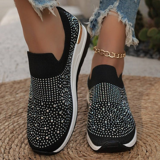 Damen  Strick Slip-On Sneaker mit funkelndem Strassbesatz, elastischem Einstieg und dämpfender Plateausohle EB