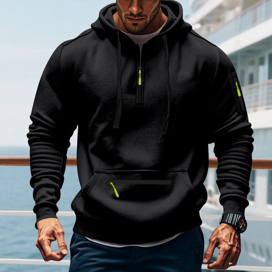 Herren nan technischer Halbzip-Outdoor-Hoodie mit verdeckter Kängurutasche, Reißverschluss-Ärmeltasche und integriertem Kabelkanal EB