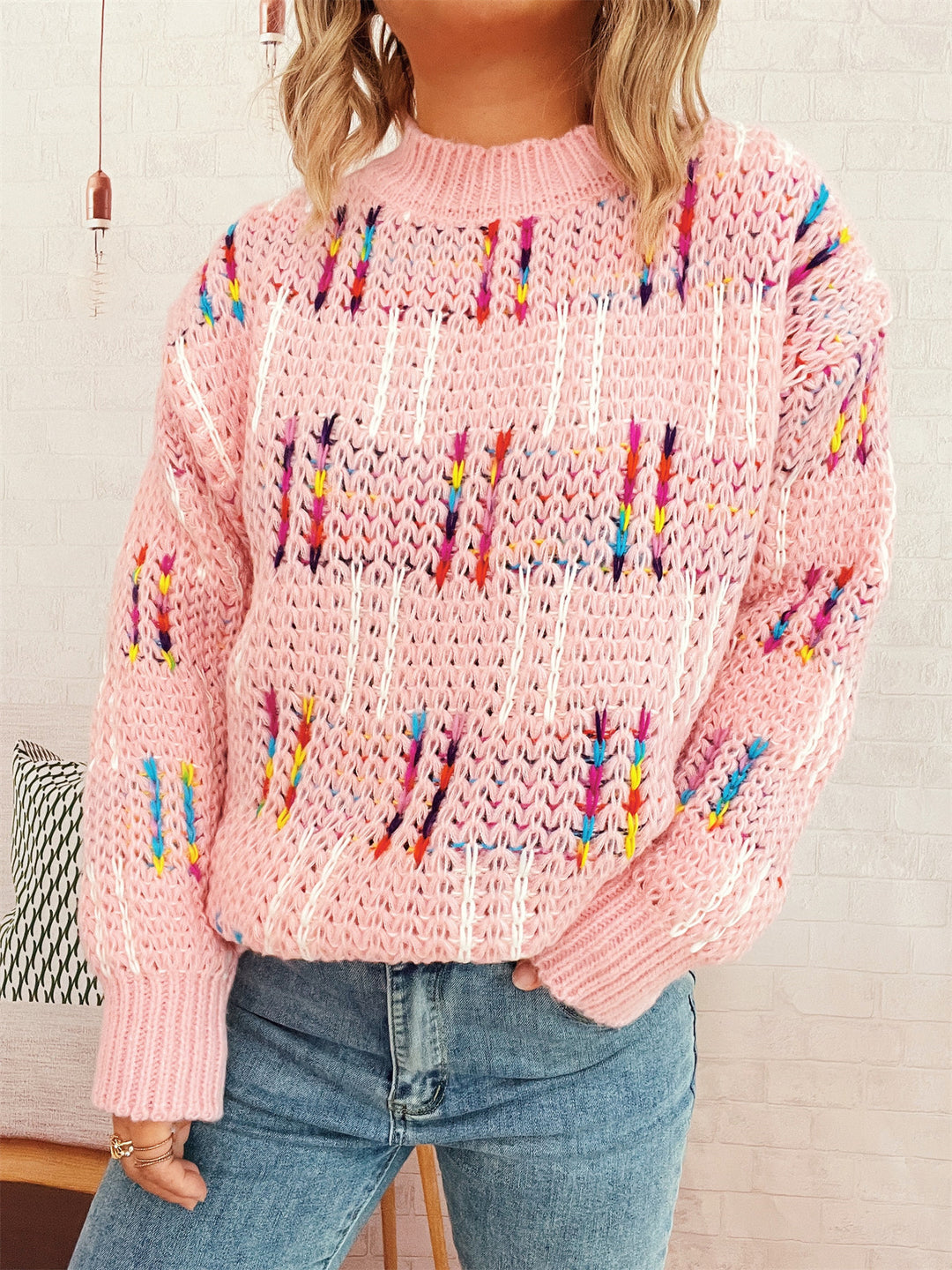 Damen lässiger Strickpullover mit vielseitigem Farbenspiel und hohem Kragen EB