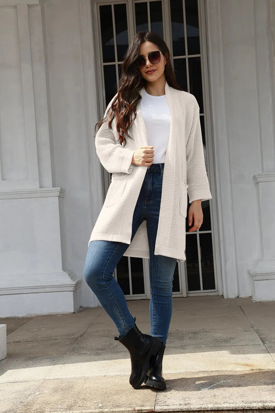 Damen lässiger Strickcardigan mit offenen Taschen und modernem Waffelmuster EB