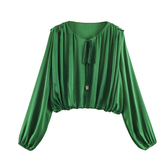 Damen nan luftige Boho Carmen-Bluse mit Kordelzug, weiten Ballonärmeln und elastischem Saum EB