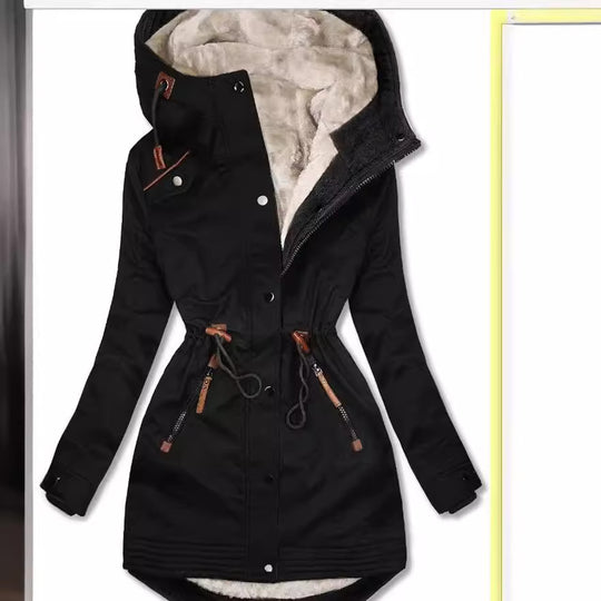 Damen gefütterte Winterparka mit praktischen Taschen und verstellbarem Gürtel EB
