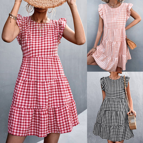 Damen Viskosekleid mit Rüschendetails und kariertem Design EB
