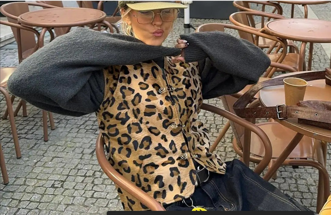 Damen modische Weste im Leopardenmuster mit komfortablen Ärmeln EB