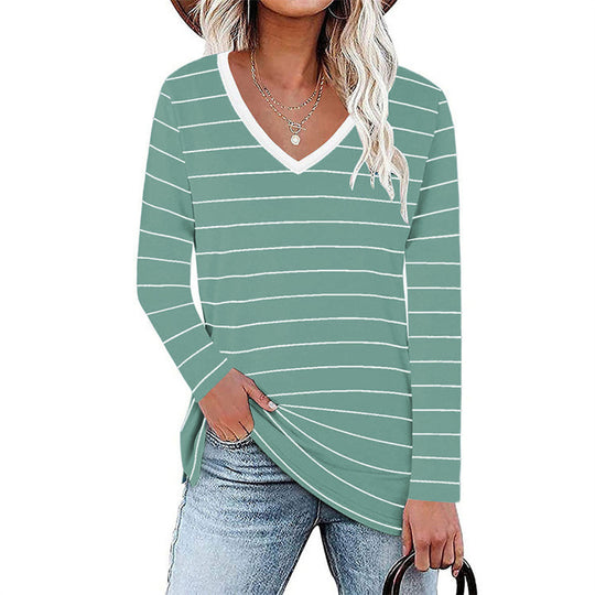Damen V-Ausschnitt Langarmshirt mit Streifenmuster und seitlichen Schlitzen EB