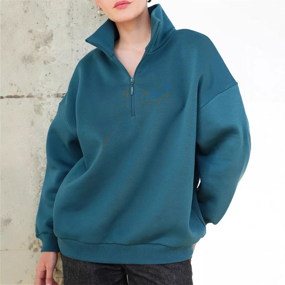 Damen Oversized Halbzip Sweater mit hohem Stehkragen und Rippbündchen EB