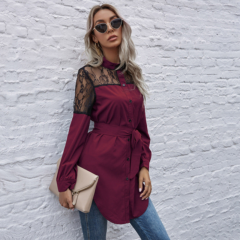 Damen Hemdblusenkleid mit transparenter Spitzenoptik und tailliertem Gürtel EB