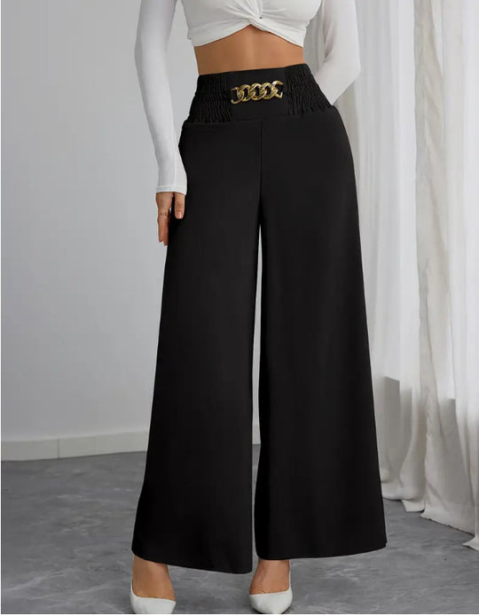 Damen Weite High-Waist Hose mit dekorativem Gummizug und modischem Gürtel EB