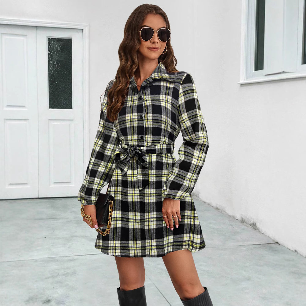 Damen Hemdblusenkleid mit karierter Musterung und taillierbarem Gürtel EB