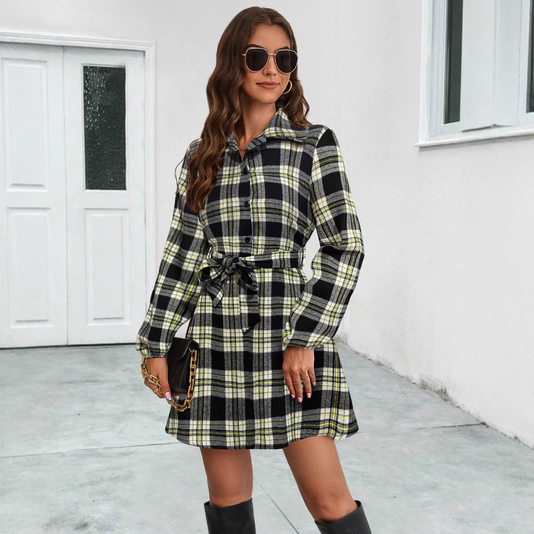 Damen Hemdblusenkleid mit karierter Musterung und taillierbarem Gürtel EB