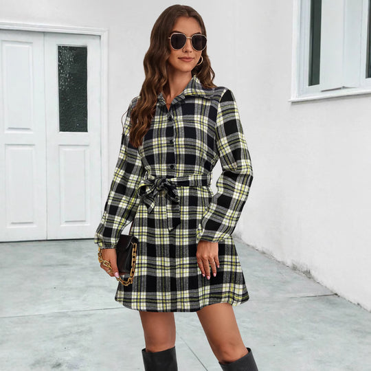Damen Hemdblusenkleid mit karierter Musterung und taillierbarem Gürtel EB