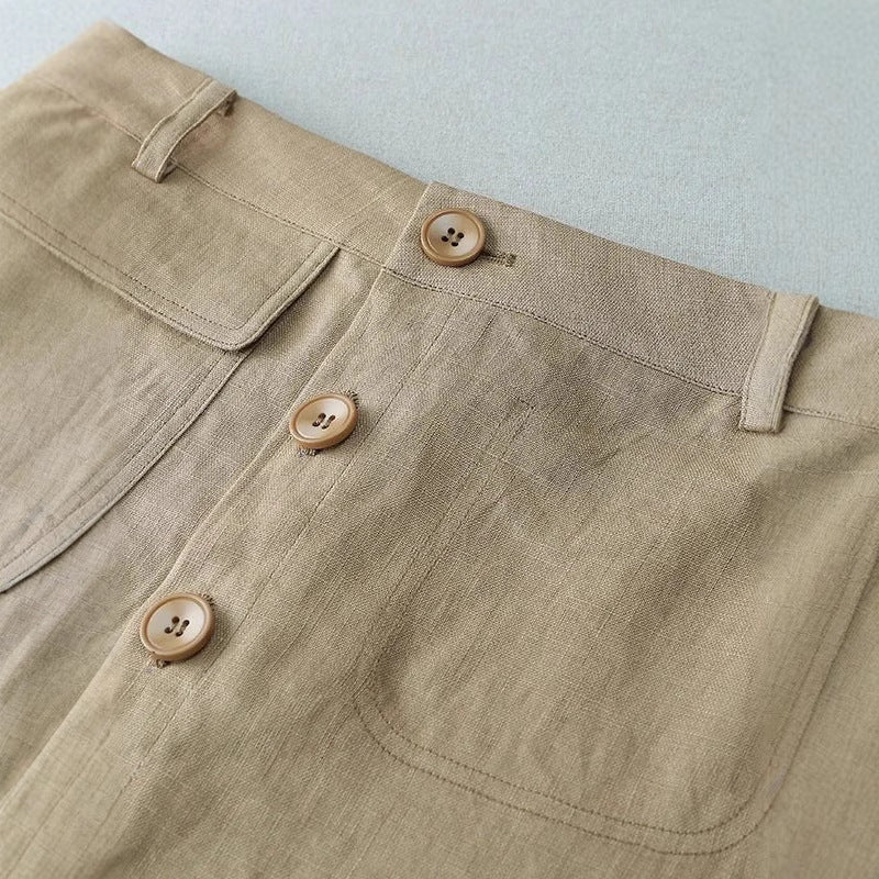 Damen Langer Leinenrock mit Knopfdetails und Taschen EB