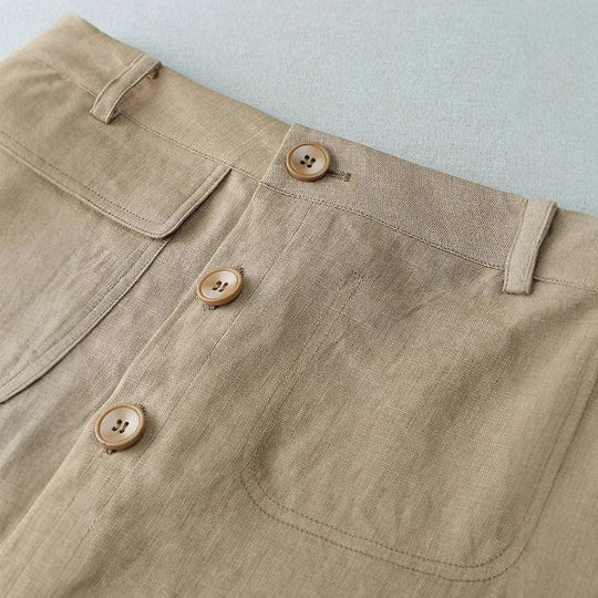 Damen Langer Leinenrock mit Knopfdetails und Taschen EB