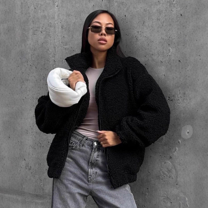 Damen Teddyjacke mit hohem Kragen und voluminösen Ärmeln EB