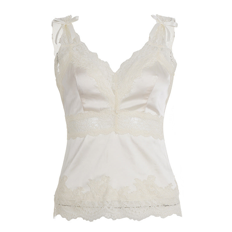 Damen luxuriöses Satin-Top mit romantischen Spitzendetails EB