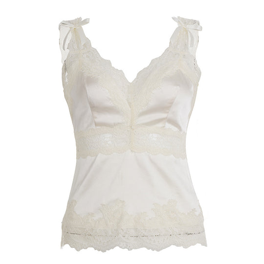 Damen luxuriöses Satin-Top mit romantischen Spitzendetails EB